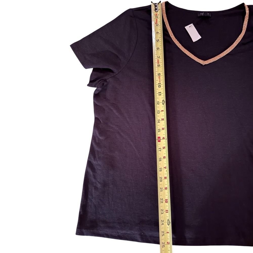 Talbots Black V Neck Top Women's 2X Metallic Gold Trim Short Sleeve Knit Casual - Picture 8 of 8
